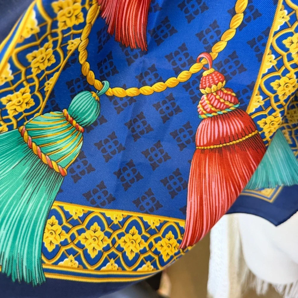 Vintage Royal Blue Tassel Rope‎ Print oblong Scarf Teal Red Neckerchief 30x30